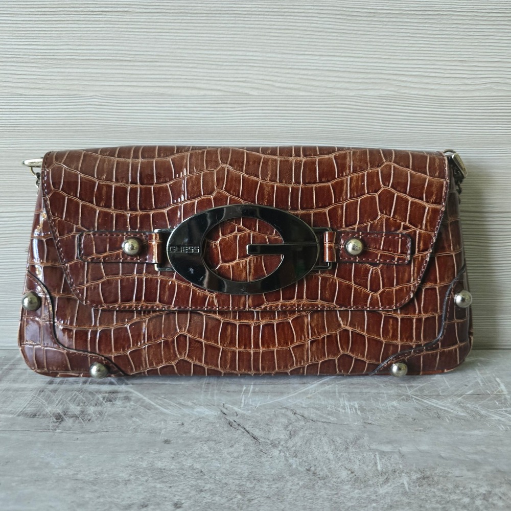 Guess Y2K Brown Croc Embossed Baguette Shoulder Bag Gunmetal G Logo Buckle